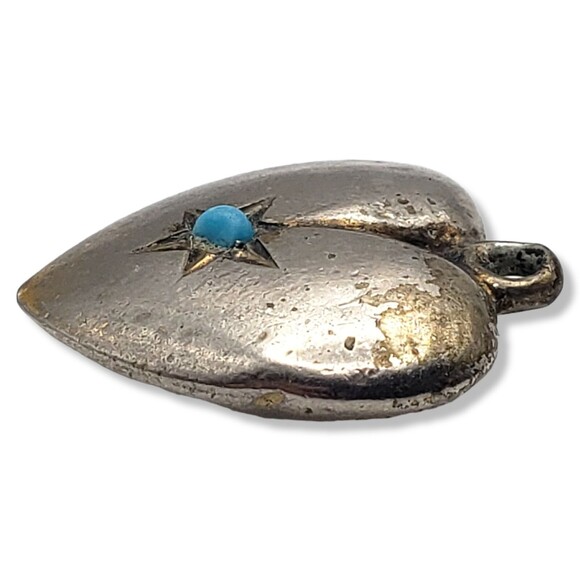 Sterling Silver Slightly Puffy Heart Turquoise Stone Inscribed JB Pendant Small - Picture 5 of 8